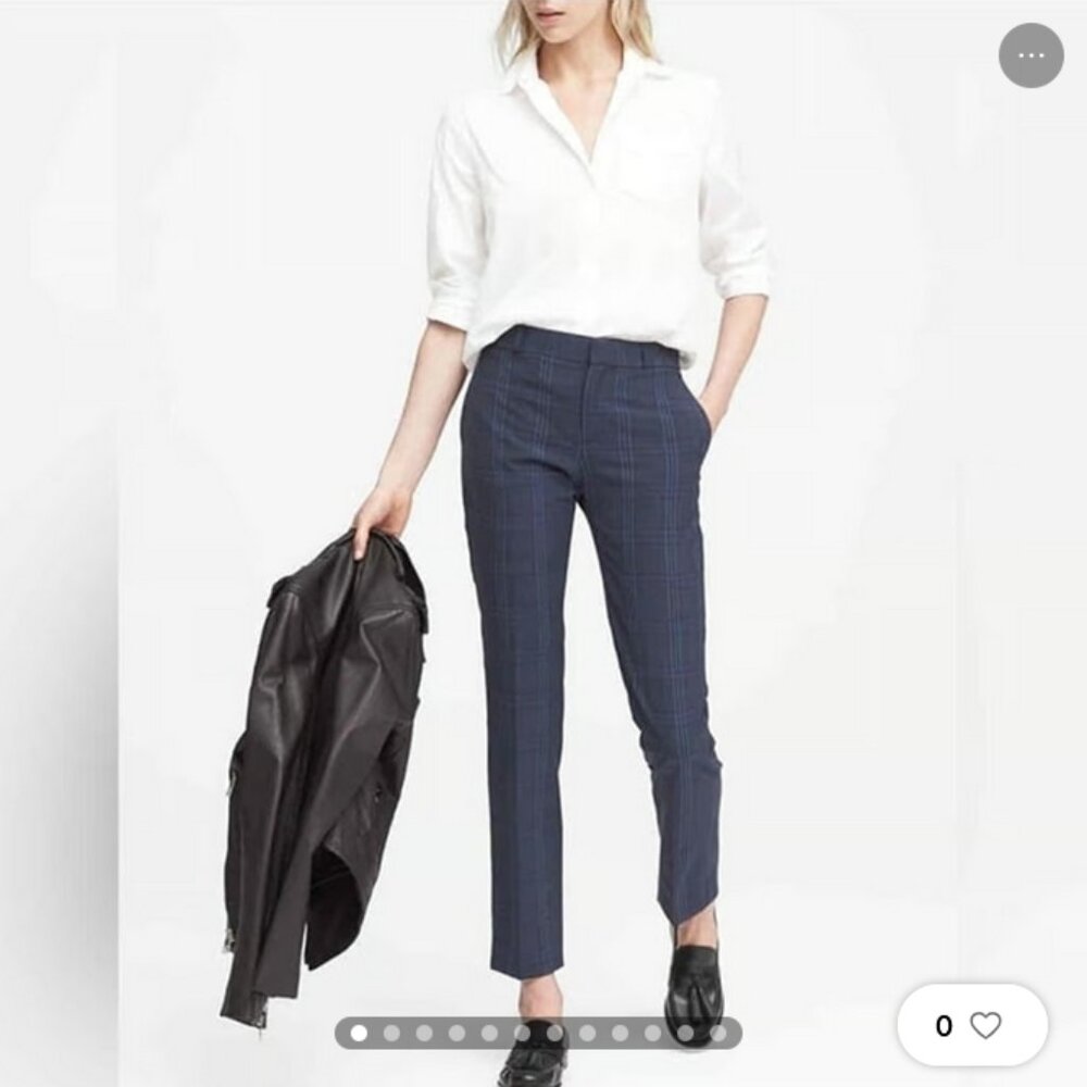 Petite Washable Curvy Ryan Navy Plaid Slim Straight Pant size 2P